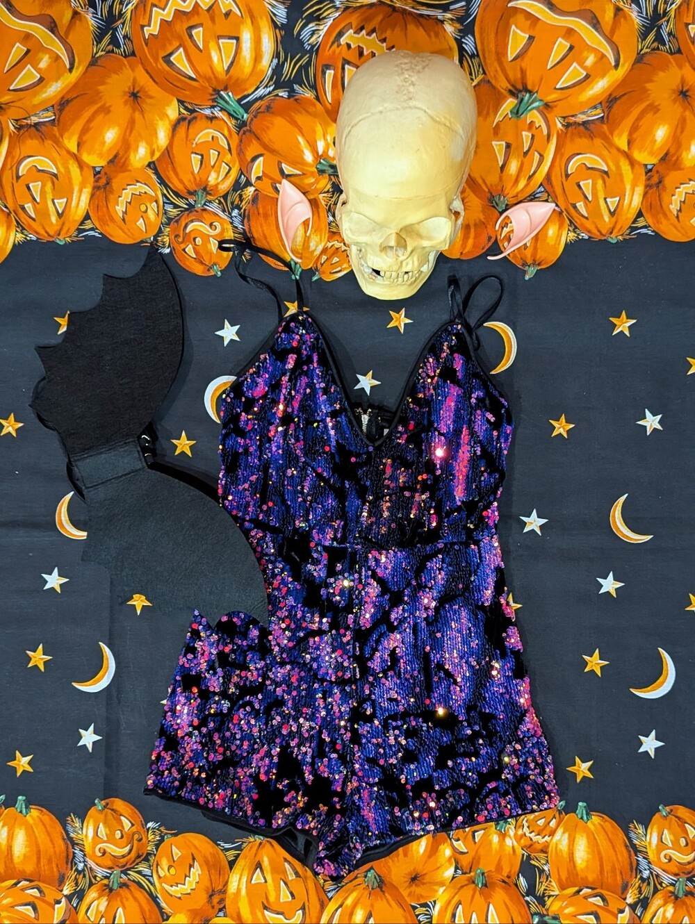 S Bad Pixie Halloween Costume Sequin Romper Ears Bat Wings Purple Black Party